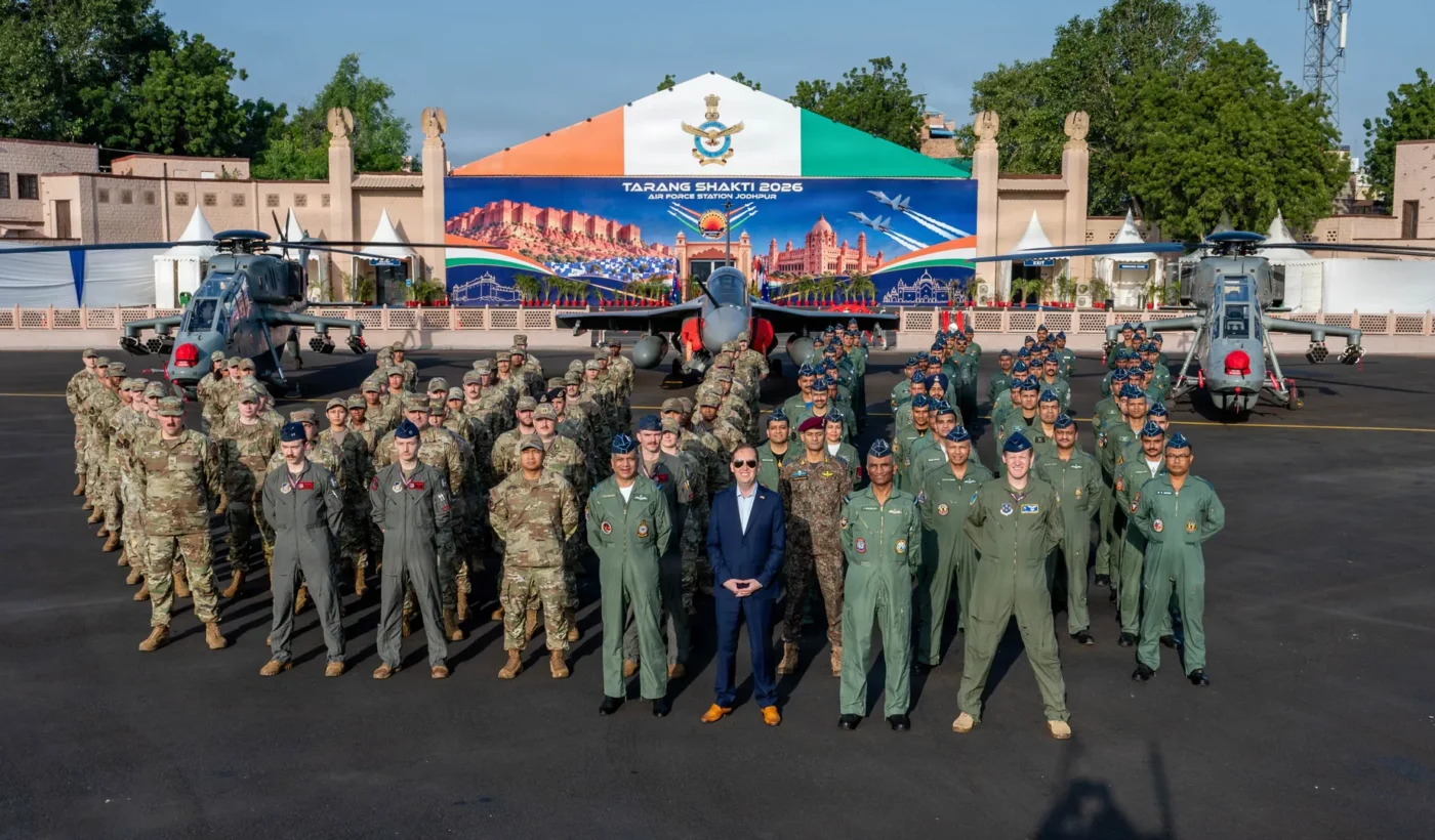 U.S. and Indian Air Force personnel at the Tarang Shakti 2026 exercise in Jodhpur, India. No Greek contingent is shown.