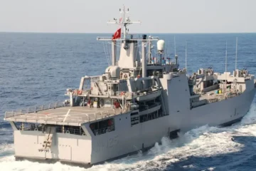 The Turkish landing ship TCG Osmangazi at sea