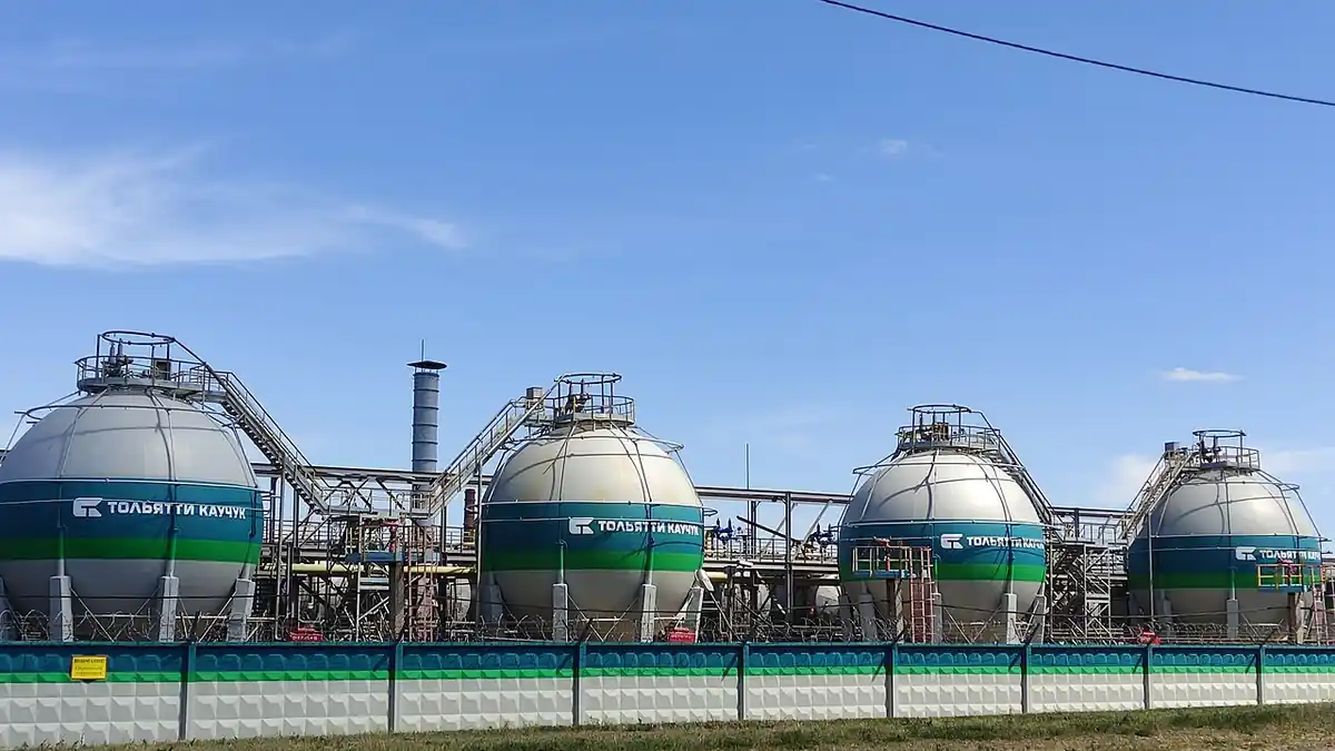 Spherical storage tanks marked Tolyattikauchuk at the plant in Tolyatti, Russia