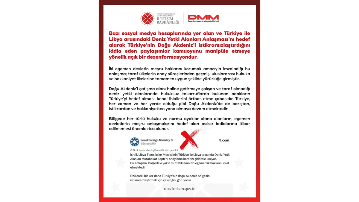 The Turkish Center for Combating Disinformation post with the Israeli Foreign Ministry statement crossed out