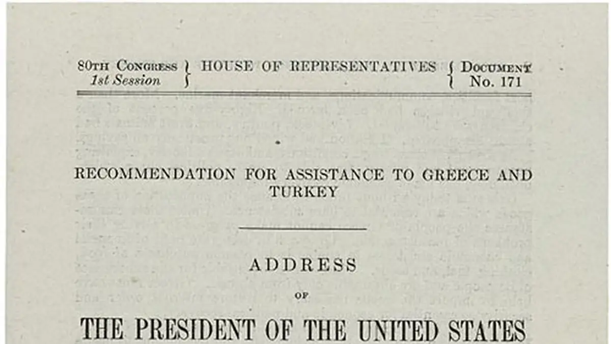 Cover of House Document 171, the printed text of President Truman's 1947 address to Congress recommending assistance to Greece and Turkey