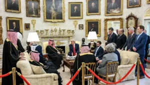 Donald Trump and Mohammed bin Salman seated side by side in the Oval Office