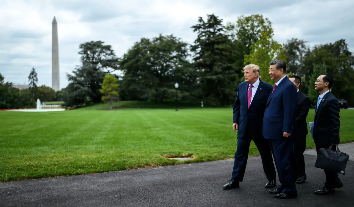 US President Donald Trump and Chinese President Xi Jinping walk on the White House South Lawn on September 24, 2026.
