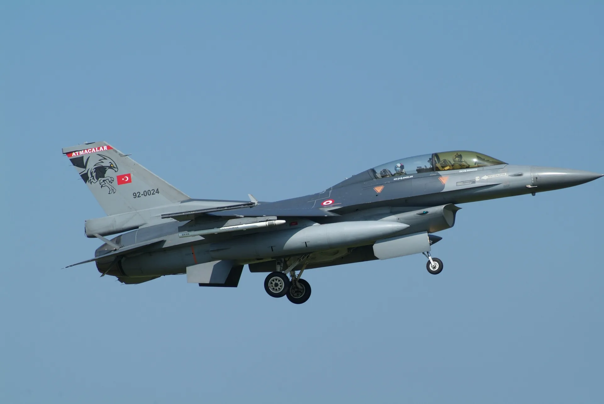 Two-seat Turkish Air Force F-16D, serial 92-0024, of 182 Squadron on approach to land