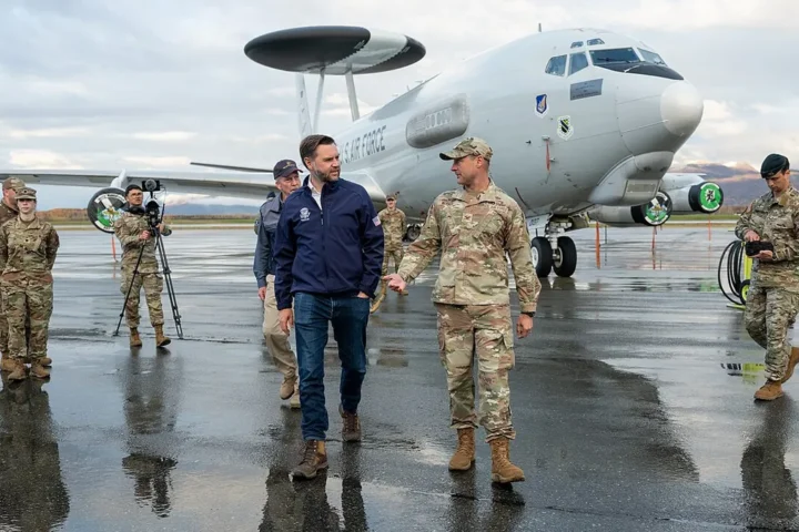 Vice President JD Vance attending a US military capabilities showcase at Elmendorf Air Force Base in Anchorage, Alaska