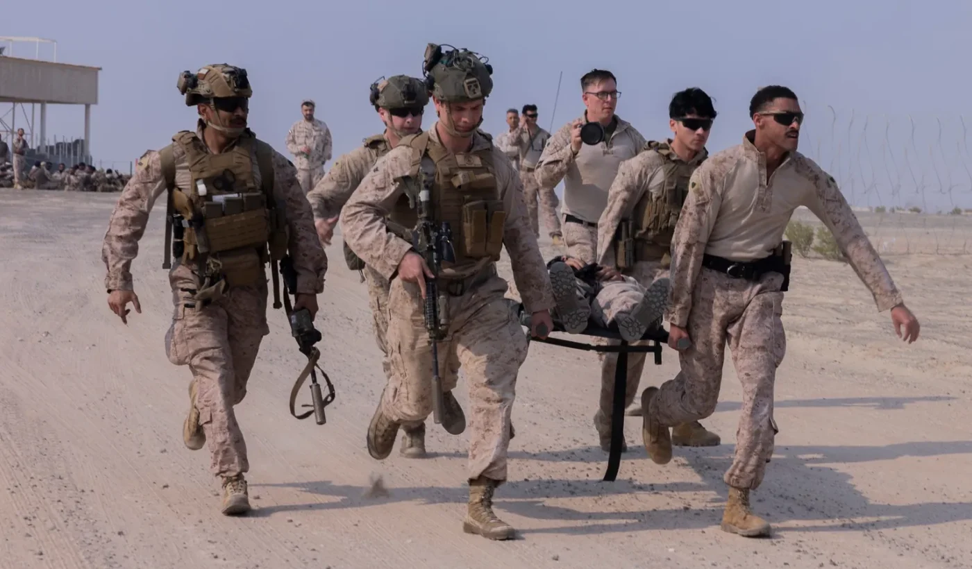 Members of the UAE Joint Aviation Command and US Marines in a casualty evacuation drill during Intrepid Maven 25.2, February 2025