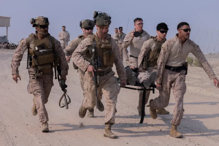 Members of the UAE Joint Aviation Command and US Marines in a casualty evacuation drill during Intrepid Maven 25.2, February 2025