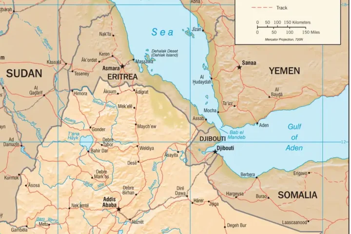 Physiographic map of the Horn of Africa showing Ethiopia, Eritrea, Djibouti, Sudan, Somalia and Yemen