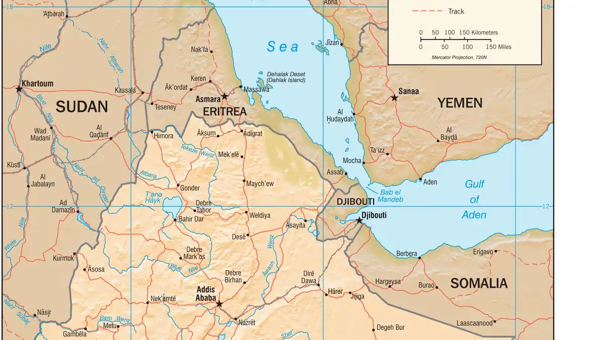 Physiographic map of the Horn of Africa showing Ethiopia, Eritrea, Djibouti, Sudan, Somalia and Yemen