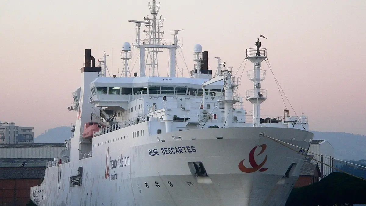 The cable-laying ship René Descartes at sunset in the harbour of La Seyne-sur-Mer, France