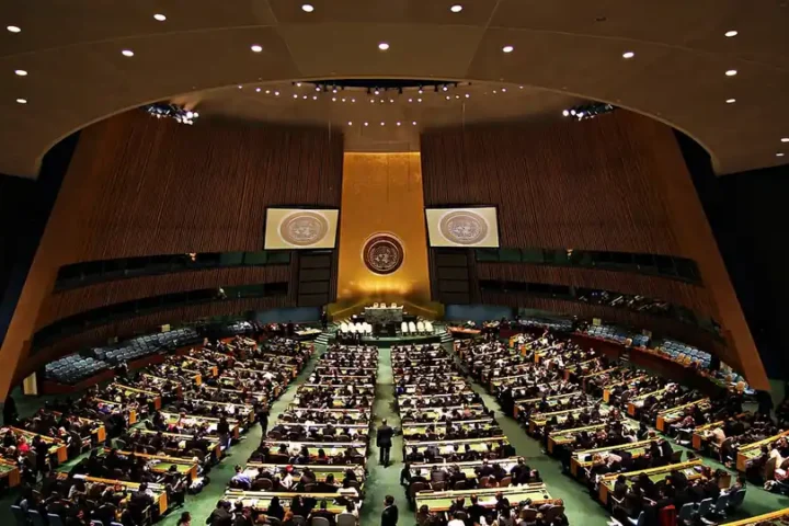 The General Assembly Hall at UN Headquarters in New York, with delegates seated at their desks