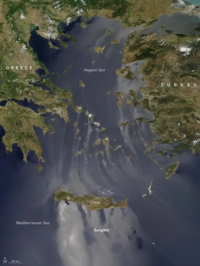 Satellite image of the Aegean Sea between Greece and Turkey, with Crete and the Cyclades
