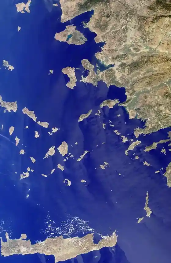Satellite view of Aegean islands, from Lesbos and the Dodecanese to Crete, close to the Turkish coast