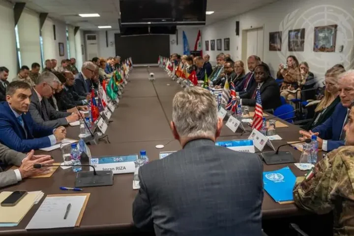Participants at a table in Beirut during a UN meeting with troop-contributing countries to UNIFIL