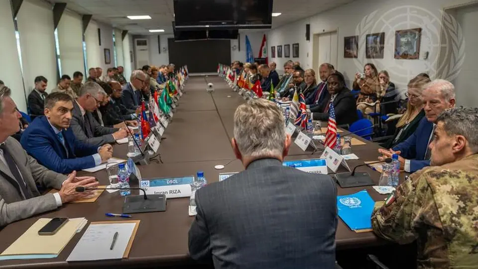 Participants at a table in Beirut during a UN meeting with troop-contributing countries to UNIFIL