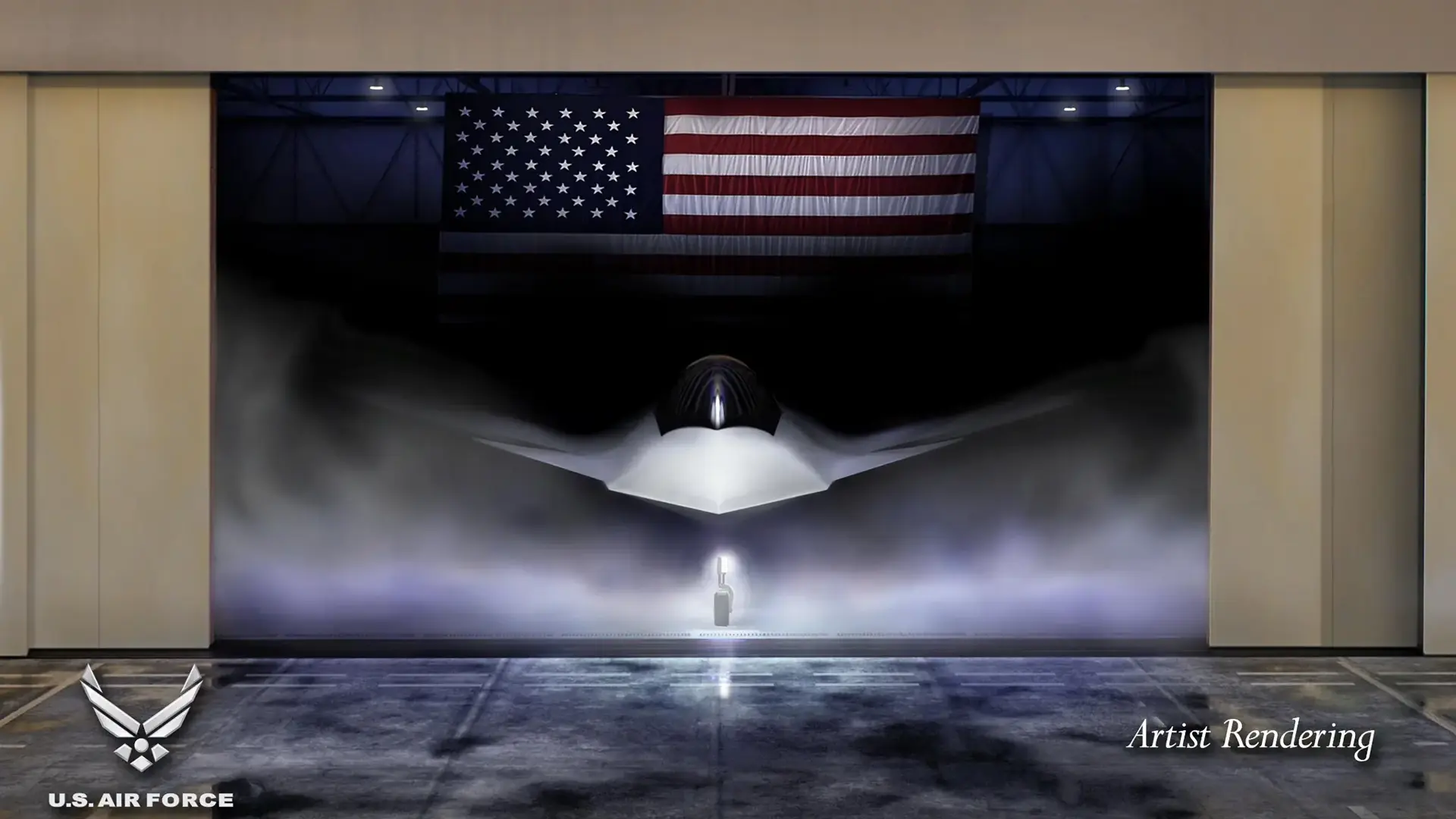 Official US Air Force artist rendering of F-47 fighter emerging from a hangar