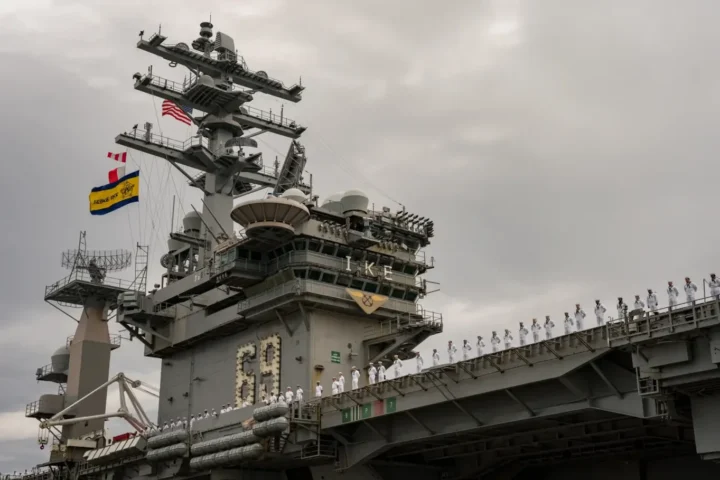 USS Dwight D. Eisenhower departing Naval Station Norfolk on October 14, 2023, archive photograph
