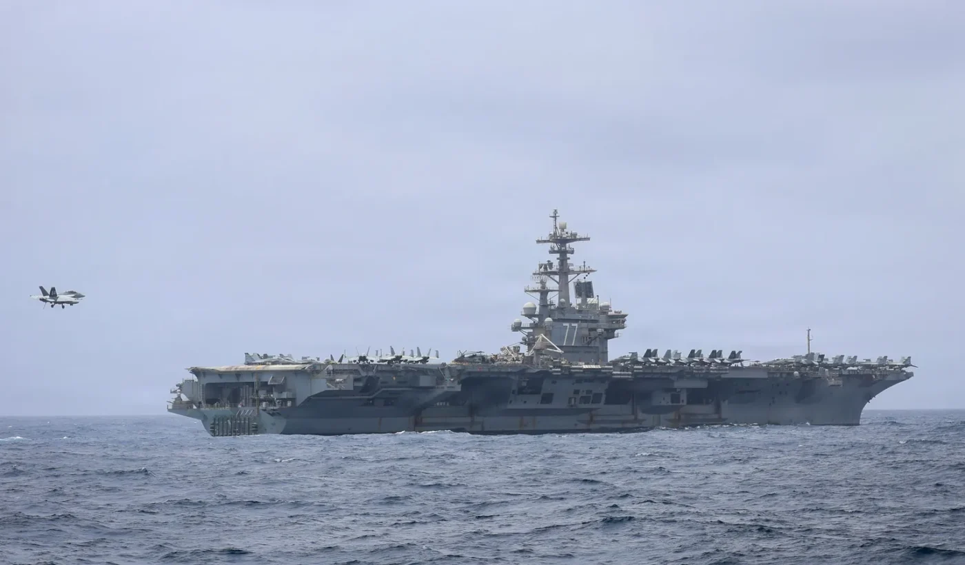 An F/A-18F Super Hornet of Strike Fighter Squadron 103 preparing to land on the aircraft carrier USS George H.W. Bush in the Arabian Sea, June 29, 2026