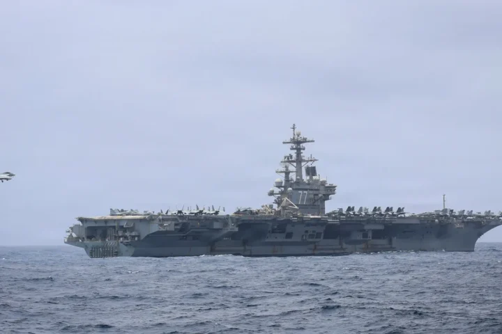 An F/A-18F Super Hornet of Strike Fighter Squadron 103 preparing to land on the aircraft carrier USS George H.W. Bush in the Arabian Sea, June 29, 2026