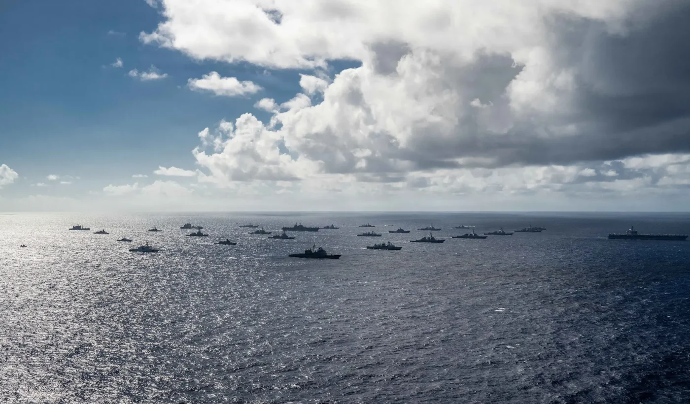 USS Theodore Roosevelt leads a group of ships in the Pacific Ocean in July 2026