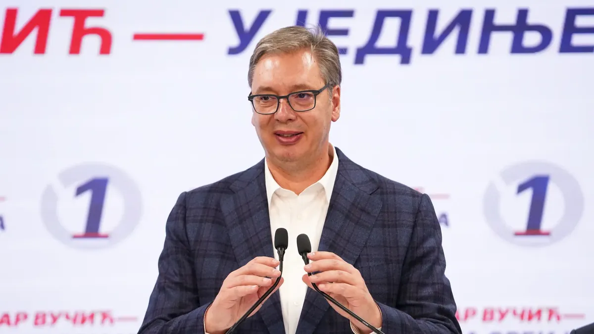 Aleksandar Vučić at the SNS election centre in Belgrade on election night