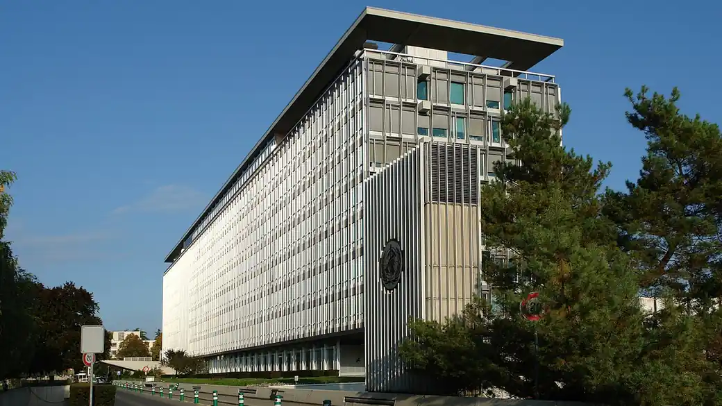 The headquarters building of the World Health Organization in Geneva, seen from the west