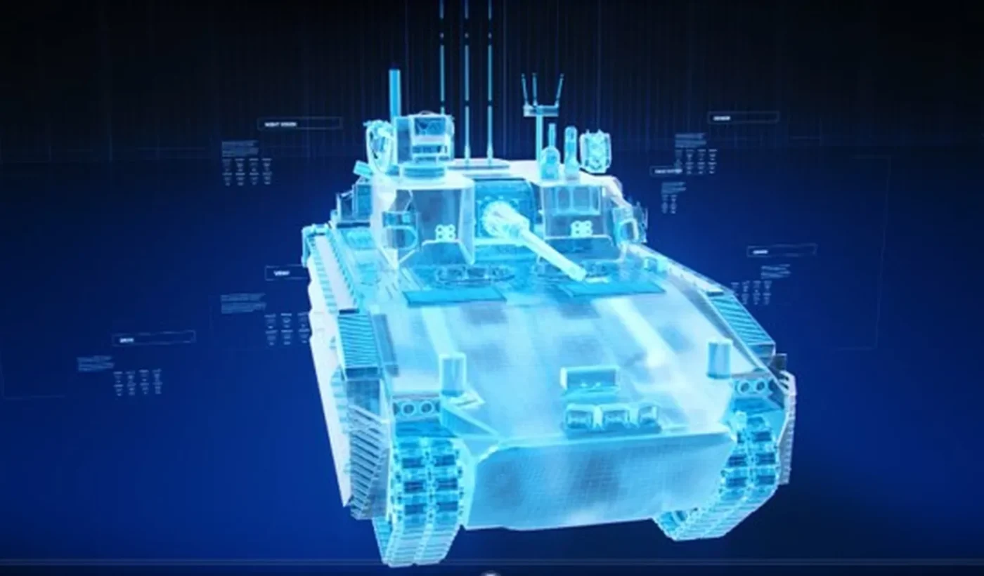 Blue holographic three-dimensional model of a tracked armoured vehicle with a turret