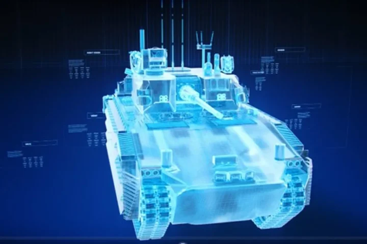 Blue holographic three-dimensional model of a tracked armoured vehicle with a turret
