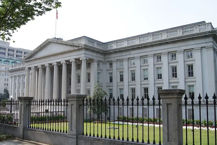 The neoclassical US Treasury Department building in Washington, D.C.
