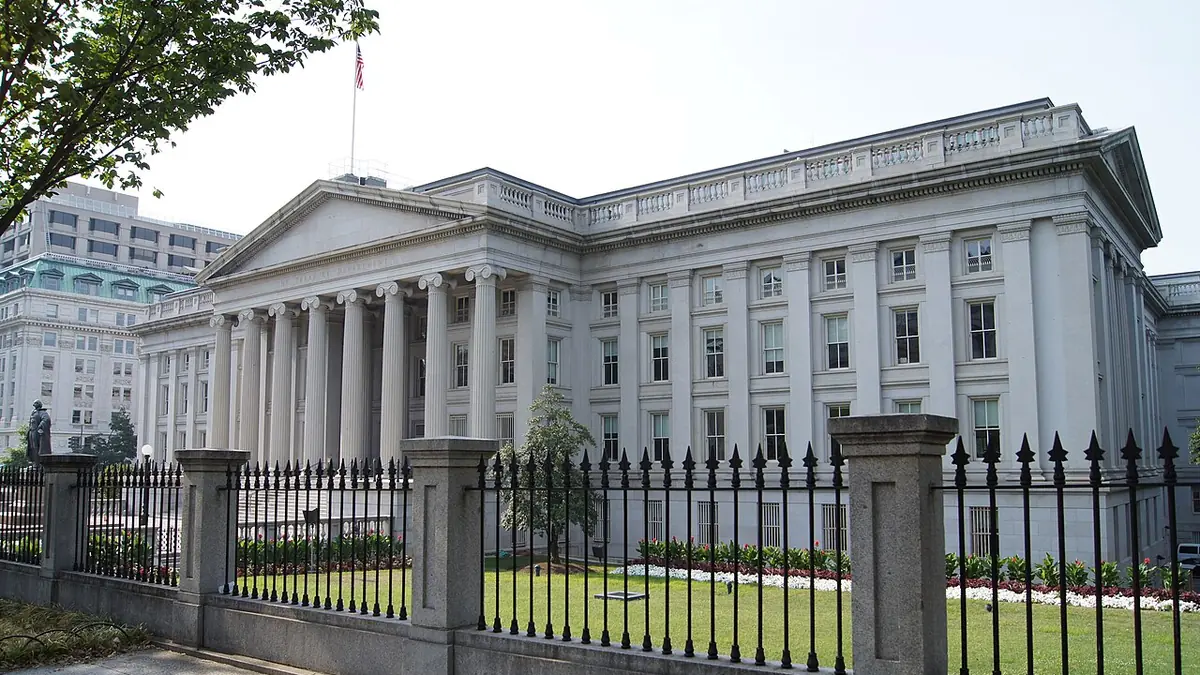 The neoclassical US Treasury Department building in Washington, D.C.