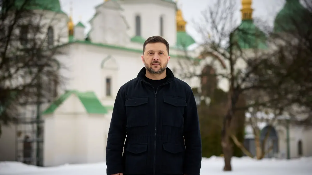 Ukrainian President Volodymyr Zelensky in front of St. Sophia Cathedral in Kyiv