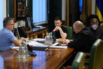 Ukrainian President Volodymyr Zelensky with aides at his office during a call with US envoys Steve Witkoff and Jared Kushner