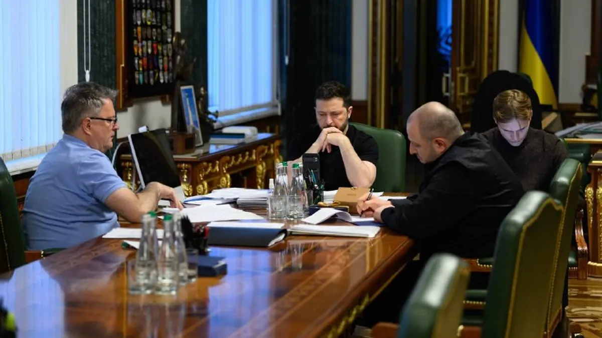 Ukrainian President Volodymyr Zelensky with aides at his office during a call with US envoys Steve Witkoff and Jared Kushner