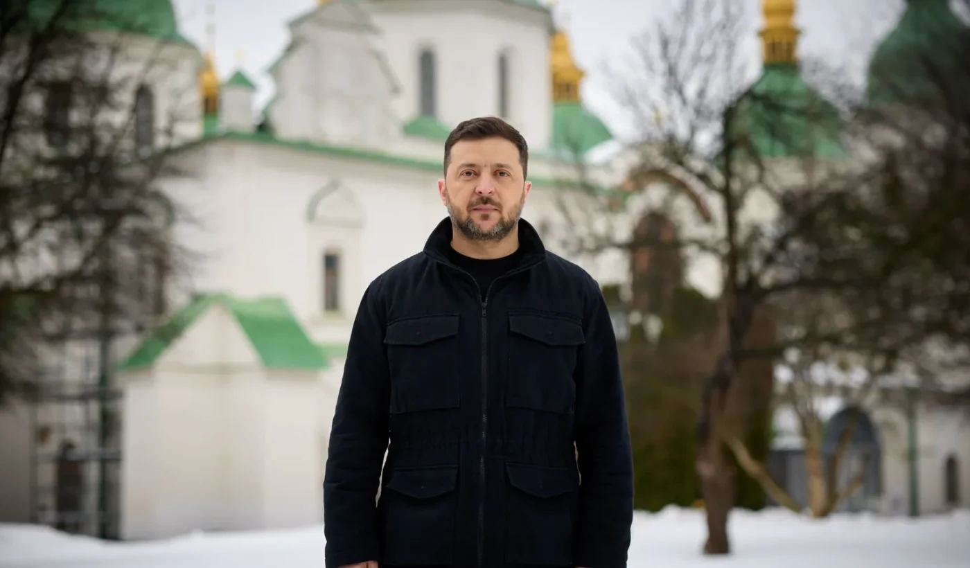 Ukrainian President Volodymyr Zelensky in front of St. Sophia Cathedral in Kyiv, February 24, 2026