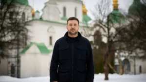 Ukrainian President Volodymyr Zelensky in front of St. Sophia Cathedral in Kyiv, February 24, 2026