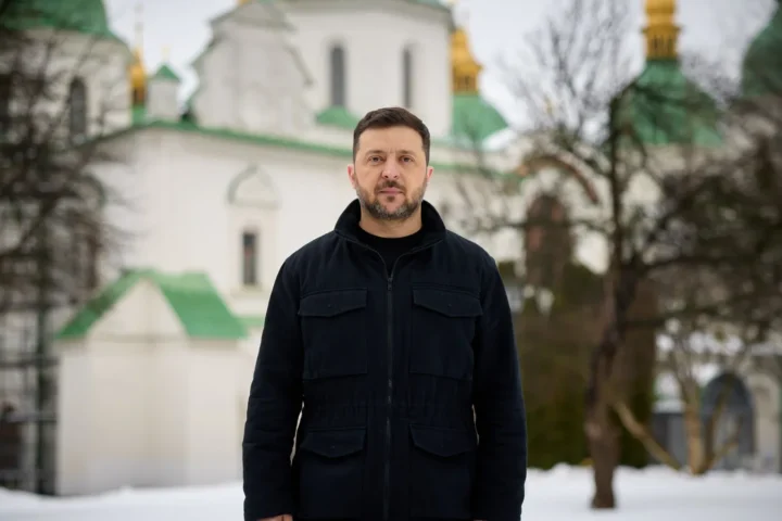 Ukrainian President Volodymyr Zelensky in front of St. Sophia Cathedral in Kyiv, February 24, 2026